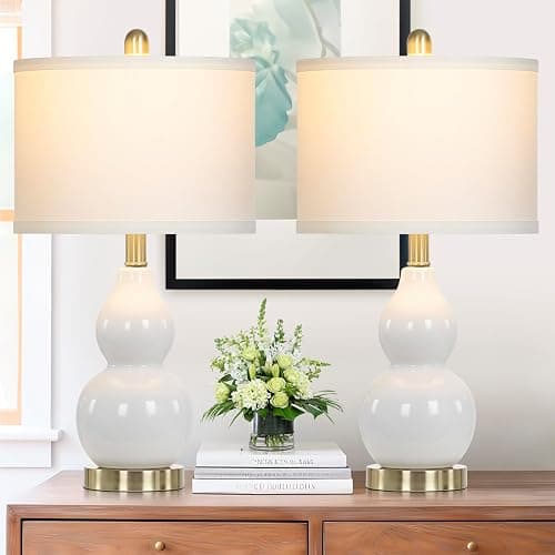 Rinweey Double Gourd Ceramic Table Lamps Set of 2, Modern White Bedside Lamps for Night Stand, Contemporary Nightstand Lamps for Bedroom Living Room (Bulb Included) thumbnail 9