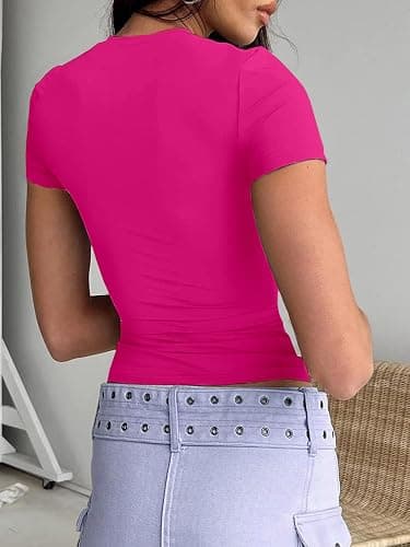 Dwnval Womens Basic Summer Short Sleeve Tight Fitted Workout Crop Tops | Soft Trendy Cute Compression Womens outfit Baby Tees Shirt thumbnail 2