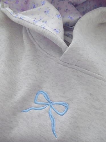 Women Bow Embroidery Hoodie Teen Girls Cute Graphic Hooded Loose Preppy Y2K Long Sleeve Pullover Hoodie Tops thumbnail 2