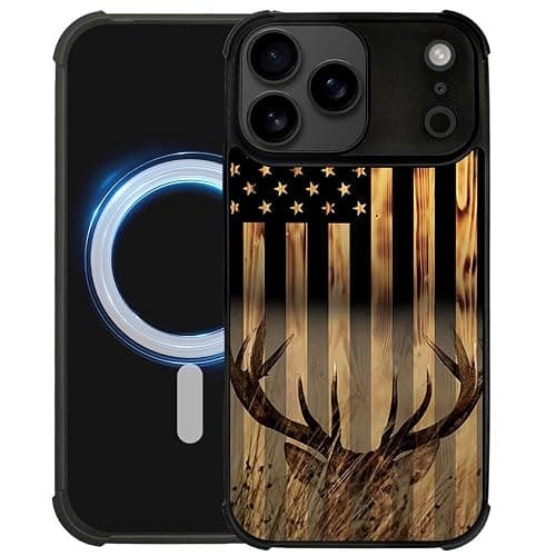 DJSOK Case for iPhone 17 Pro Max,Compatible with MagSafe,Anti-Scratch Shockproof Case,Wood Grain American Flag Buck Hunter Deer - Image 1