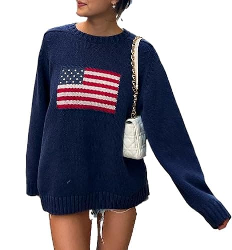 Caziffer Women American Flag Sweater Vintage Crewneck Jumper Top USA Knit Pullover Sweatshirt Preppy Striped Sweater - Image 1