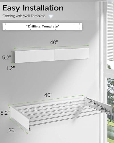 Vikaqi Wall Mounted Clothes Drying Rack 100CM, Foldable Wall Mount Laundry Rack Folding Indoor, Drying Rack Clothing Collapsible, Towel Rack with Wall Template, 6 Rods, White thumbnail 7