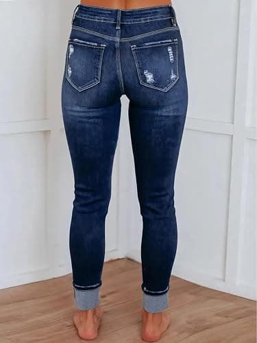 KUNMI Women's Ripped Skinny Slim Fit Jeans Frayed Distressed Stretchy Denim Pants thumbnail 5