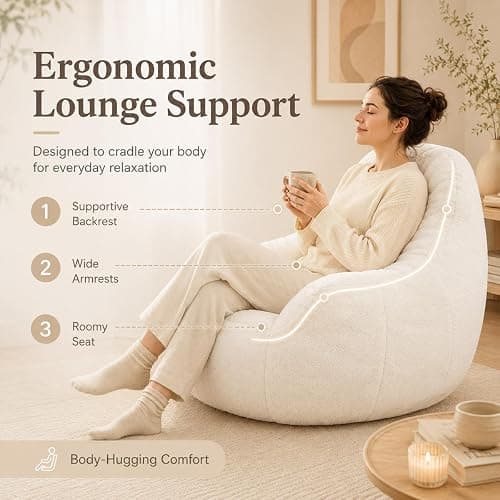 Elyveont White Bean Bag Chair for Kids & Teens & Adults, Medium Bean Bag Chairs with Soft Stuffed Filling, Comfy Beanbag Sofa Fluffy Floor Lounge Chair in a Box for Reading & Relaxing thumbnail 3