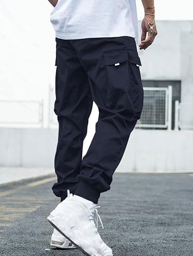 Men Techwear Cargo Joggers Flap Pocket Elastic Drawstring Waist Pants thumbnail 2