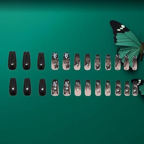 24Pcs Black Butterfly Press on Nails Glossy White Flower Medium Coffin False Nail Gradient Acrylic Full Cover Fake Nails French Gel Glue on Fingernails Ombre Stick on Nail for Holiday Manicure Art thumbnail 5