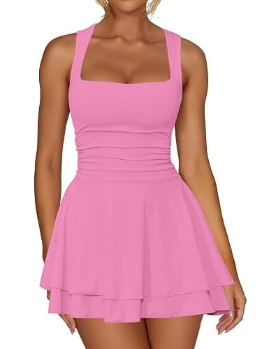 Kaximil Women's Square Neck Ruffle Hem Mini Dress Ruched Waist Short Party Dresses - Image 1