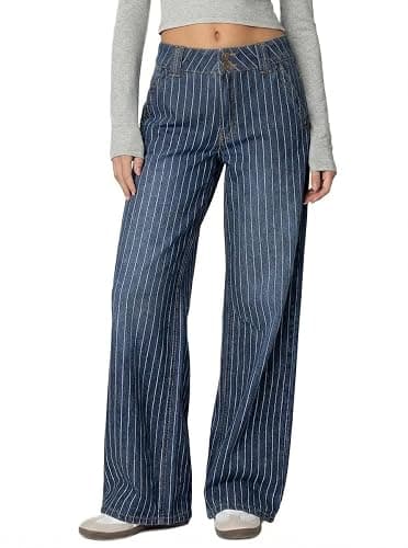 Justalwart Women's Mid Rise Striped Baggy Barrel Jeans Wide Leg Denim Pants - Image 1