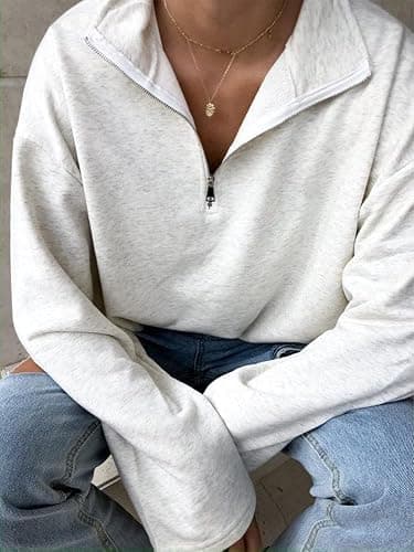 LAVASEON Womens Oversized Half Zip Lapel Sweatshirt Solid Color Casual Long Sleeve Cropped Pullover Top thumbnail 3