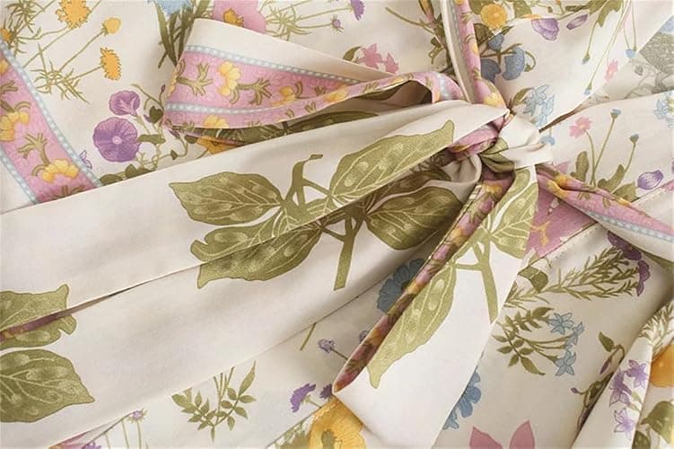 Women Vintage Floral Print Sashes Kimono Bohemian V-Neck Short Beach Bikini Robe Boho Cover-Up thumbnail 4