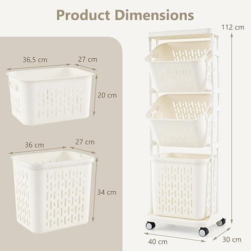 GIANTEX Panier à Linge à 3 Niveaux, Chariot à Linge Multifonctionnel avec Poignées, 4 Roulettes, 3 Panier Amovibles, Meuble Linge Sale pour Salle de Bain, Buanderie et Chambre, 40x30x112 cm, Blanc thumbnail 3