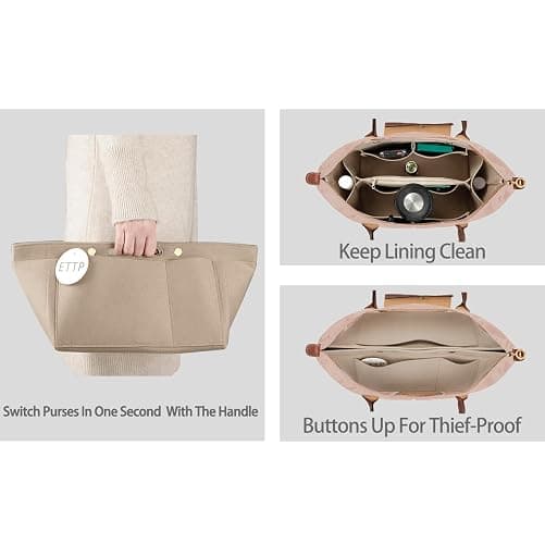 ETTP Purse Organizer Insert for Tote, Handbag Organizer Compatible with Shoulder Bag Large/Small, LE PLIAGE Top Handle Small/Medium (Beige, Large) thumbnail 5