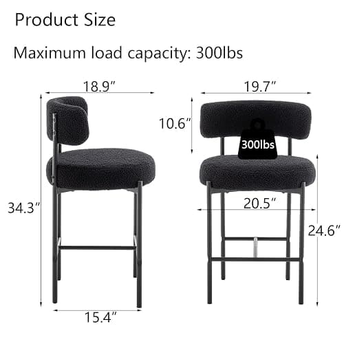 Canxkun Boucle Bar Stools Set of 2, 24" Modern Counter Stools with Backs, Black Upholstered Barstools for Kitchen Island, Bar, Cafe thumbnail 2