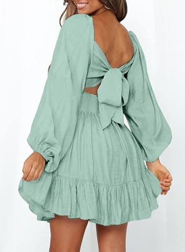 Dokotoo Womens Dress Long Lantern Sleeve Square Neck Tie Backless Sexy Dress Ruffle Elastic Waist A-Line Mini Dress thumbnail 4