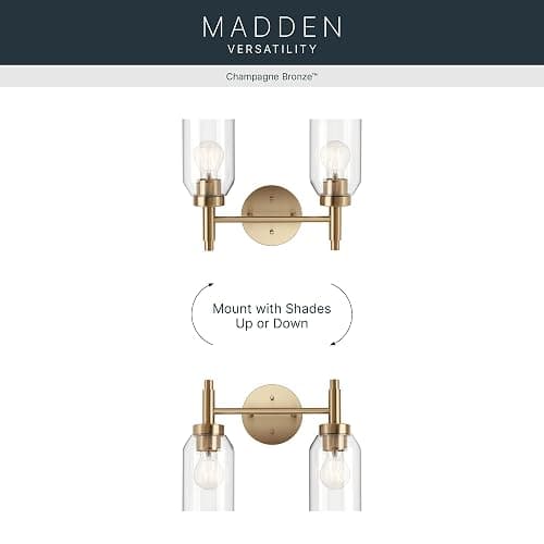 Kichler Madden 2-Light Bathroom Vanity Light Fixture with Clear Glass Shades, Modern Wall Mount Lighting in Champagne Bronze for Single or Double Vanity (10.5" x 14.25"), 55184CPZ thumbnail 6