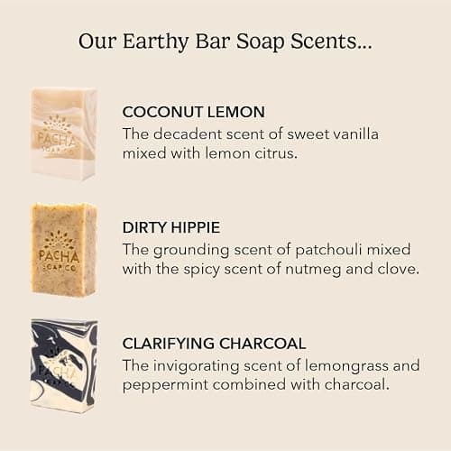Pacha Soap Co. Bar Soap, Earthy Clean Bundle – Coconut Lemon, Dirty Hippie & Clarifying Charcoal, Handcrafted, Hydrating, Artisan Face Wash, Hand Cleanser & Body Wash, Made in USA, 3-Pack (4 oz ea) thumbnail 2