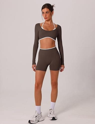 ABOCIW Workout Sets for Women 2 Piece Seamless Color Block Long Sleeve Crop Top Scrunch Butt High Waist Shorts Gym Set thumbnail 5