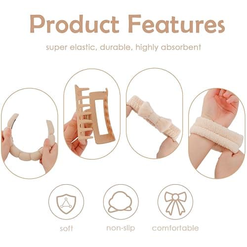 Canitor Spa Headband Wristband Set with Hair Clips Skincare Headbands for Washing Face Skin Care Puffy Makeup Headband Wrist Bands Preppy Teen Girl Gifts Cute Trendy Stuff Hair Accessories for Women thumbnail 5