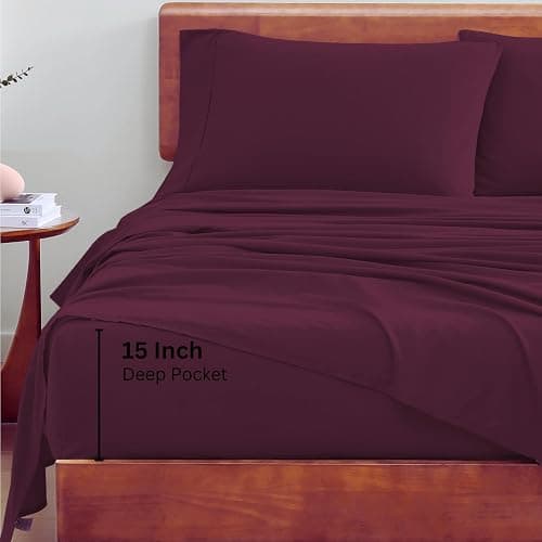 LANE LINEN 100% Organic Cotton Eco Friendly Full Size Bed Sheets, Mercerized Fully Elasticized Cotton Sheets Full, Percale Weave Soft & Comfy Comes in Variety of Colors- Windsor Wine thumbnail 6