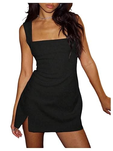 SOLY HUX Women's Summer Sleeveless Mini Dress Square Neck Split Hem Bodycon Party Club Dresses - Image 1