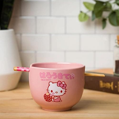 Silver Buffalo Sanrio Hello Kitty Strawberry Milk Japanese Character Ceramic Ramen Noodle Rice Bowl with Chopsticks, Microwave Safe, Pink, 20 Ounces thumbnail 2
