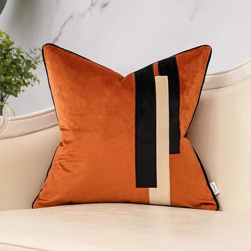 Yangest Burnt Orange Decorative Velvet Throw Pillow Cover Striped Patchwork Cushion Case Modern 18x18 Inch Pillowcase for Sofa Couch Bedroom Living Room Home Decor - Burnt Orange - 18" x 18" (Pack of 1) - Image 1
