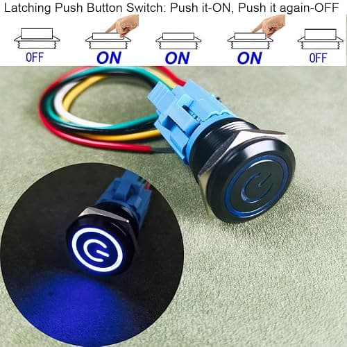 Gebildet 19mm 12V-24V/5A Stainless Steel Latching Push Button Switch Power Symbol LED 1NO1NC SPDT ON Off Waterproof Toggle Switch with Wire Socket Plug (Blue LED/Black Shell) thumbnail 2