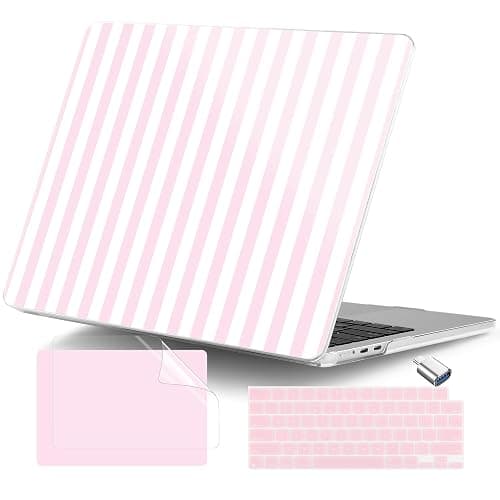 DONGKE for MacBook Air 15 inch Case M5 M4 M3 M2 Chip 2026 2025 2024 2023 Release (Model A3448 A3241 A3114 A2941), Hard Shell Case with Keyboard Cover & Type C Adapter, Pink & White Stripes - Image 1