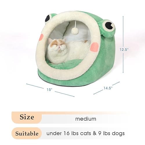 Jiupety Cute Cat Bed, Indoor Lovely Velvet Igloo for Cat and Small Dog, Warm Cave Sleeping Nest Bed for Puppy and Kitten, Green Frog, M thumbnail 2
