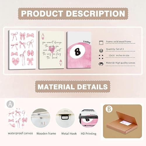Trendy Pink Bows Canvas Wall Art Set of 3, Vintage Preppy Lucky 8 Ball Wall Decor, Pink Girly Room Aesthetic Posters Prints Painting for College Apartment Living Room Bedroom Framed 12x16 In thumbnail 5
