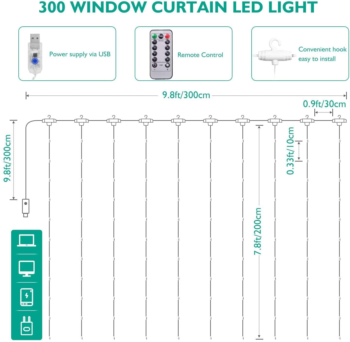 Fairy Curtain Lights, AmazerTec 300 LED Window Curtain String Light Wedding Party Home Garden Bedroom Outdoor Indoor Wall Decorations (Warm White) thumbnail 4