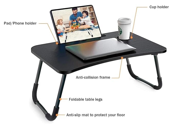 Laptoptisch, Betttablett, Laptop Betttisch Klappbar Tragbar, Lesetisch, Frühstücksbrett, NotebookTisch, Getränkehalter, Büchertablett, für Wohnzimmer Büro und Unterwegs Sofa Boden|60 x 40 cm, Schwarz thumbnail 3