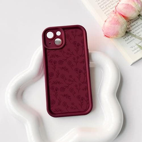 NITITOP Compatible with iPhone 14 Case Cute Flowers Floral Leaves Design for Women Girls Stylish Artistic Soft TPU Shockproof Protective Full Camera Protection Cover - Wine Red thumbnail 4