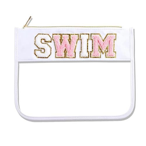 Swim Pouch Bag Clear Makeup Bags with Zipper Preppy Chenille Letter Patch Cosmetic Bag Beach Pool Zipper Pouch Summer Organizer Toiletry Bag for Women Girl Gifts - Image 1