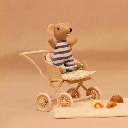 Funky Mini House Miniature Rolling Dollhouse Doll Stroller with Movable Wheels, Retro Iron Doll Pram, 1/12 Scale Dollhouse Furniture (Pink) thumbnail 6