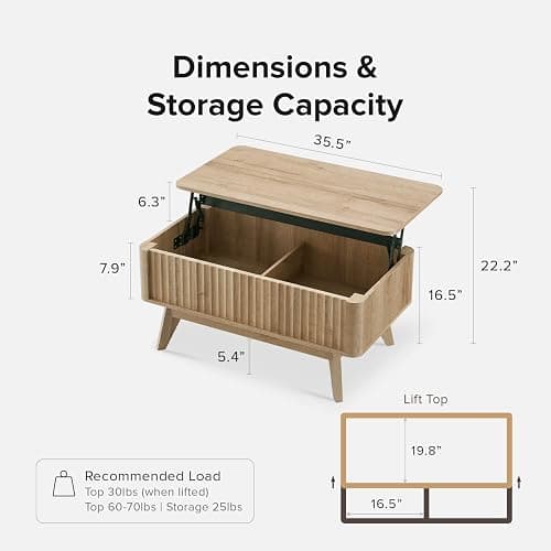 mopio Brooklyn Coffee Table, Lift Top Coffee Tables for Living Room, Mid Century, Modern Farmhouse Center Table with Lifting Top & Hidden Storage, Fluted Panel, Rising Pull Up (Oak Fluted) thumbnail 2