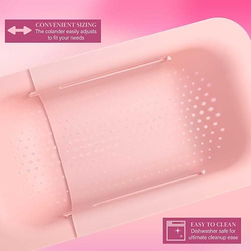 Paris Hilton Over the Sink Expandable Colander, Extendable Strainer, Adjustable from 14.5 inches to 19.5 inches, Fits most kitchen sinks, Made without BPA, Pink thumbnail 6