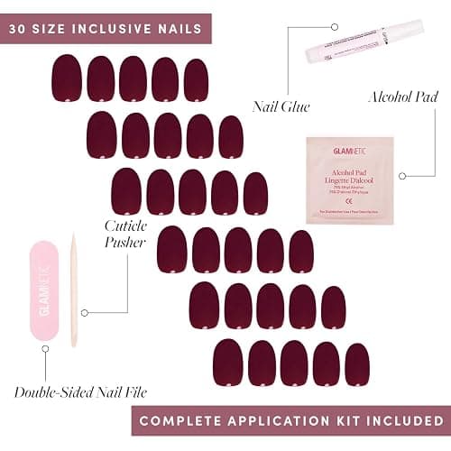 Glamnetic Press On Nails - Short Round, Glossy Fake Nails 30 Pc Full Kit | Berry maroon press on nails, 15 sizes. Fall nails, glue-on set. Waterproof, chip-resistant, up to 2 weeks wear thumbnail 7