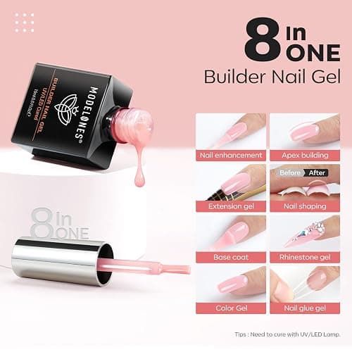 Modelones Builder Nail Gel, Pink Builder Gel for Nails, Hard Gel Builder Nail Extension Gel Base False Nail Tips Glue Builder Gel in a Bottle 15ML thumbnail 2