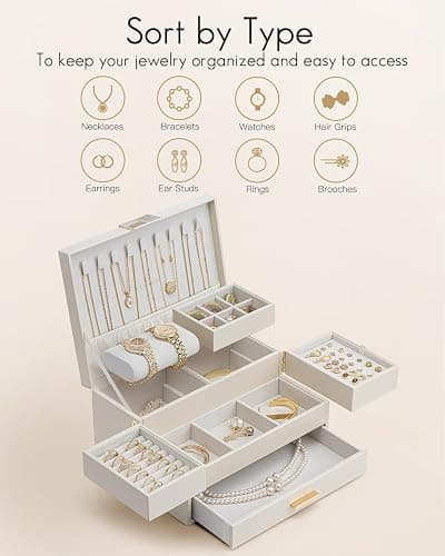 Vlando 3 Layer Jewelry Box - Women Jewelry Box with Retractable Tray - Jewelry Organizers with Drawer for Necklaces, Rings, Bracelets, Earrings, Gift for Couples Mom Girls - Could White thumbnail 4