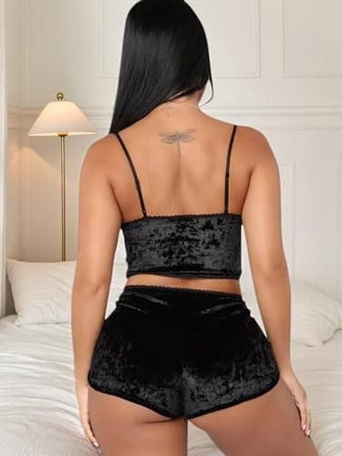 Angsuttc Women's Velvet 2 Piece Outfit Spaghetti Strap Crop Top Shorts Pajamas Set Sleepwear Nightwear thumbnail 7