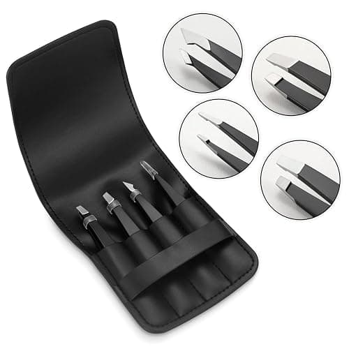 Pefei Tweezers Set - Professional Stainless Steel Tweezers for Eyebrows - Great Precision for Facial Hair, Splinter and Ingrown Hair Removal (Black) thumbnail 6