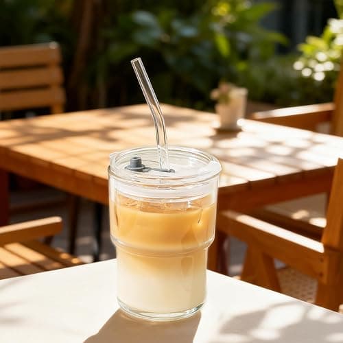 Olvini 13oz Glass Tumbler with Straw and Lid, Reusable Iced Coffee Cup Tumbler, Cute Glass Cups for Water, Matcha, Travel Coffee Mugs (Clear) thumbnail 5