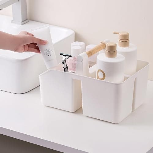 rejomiik Portable Shower Caddy Basket with Bamboo Handle, Plastic Cleaning Caddy Bathroom Organizer Tote for College Dorm Essentials, Bath Toy Storage, White thumbnail 2