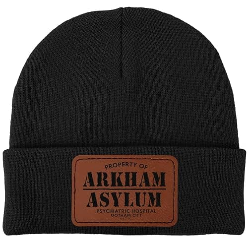 Batman Property of Arkham Asylum Unisex Rectangle Leather Patch Knit Beanie with Folded Cuff, Black - Image 1