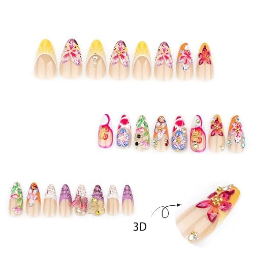 24pcs Colorful Flower Press on Nails Medium Almond Fake Nails with 3D Summer Floral Butterfly Rhinestone Design Glue on Nails French Tip False Nails Gold Beads Acrylic Nails Stick on Nails for Women thumbnail 3