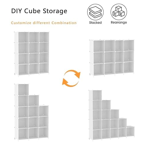 AWTATOS Cube Storage Organizer Storage 12 Cube Bookshelf DIY Plastic Closet Clothes Storage Shelves with Wooden Mallet, Stackable Storage Solution for Home, Bedroom, White thumbnail 5