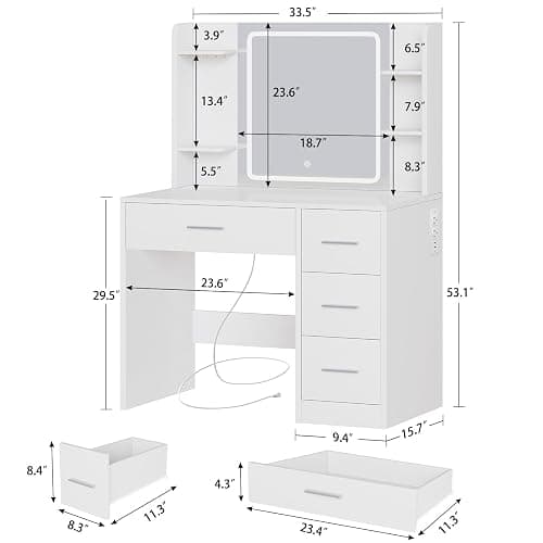 FIONESO Vanity Desk with Mirror and Lights, Makeup Vanity with Power Outlet and 4 Drawers & 6 Shelves & 5 Hooks, 3 Color Modes & Adjustable Brightness, White Vanity for Bedroom thumbnail 2