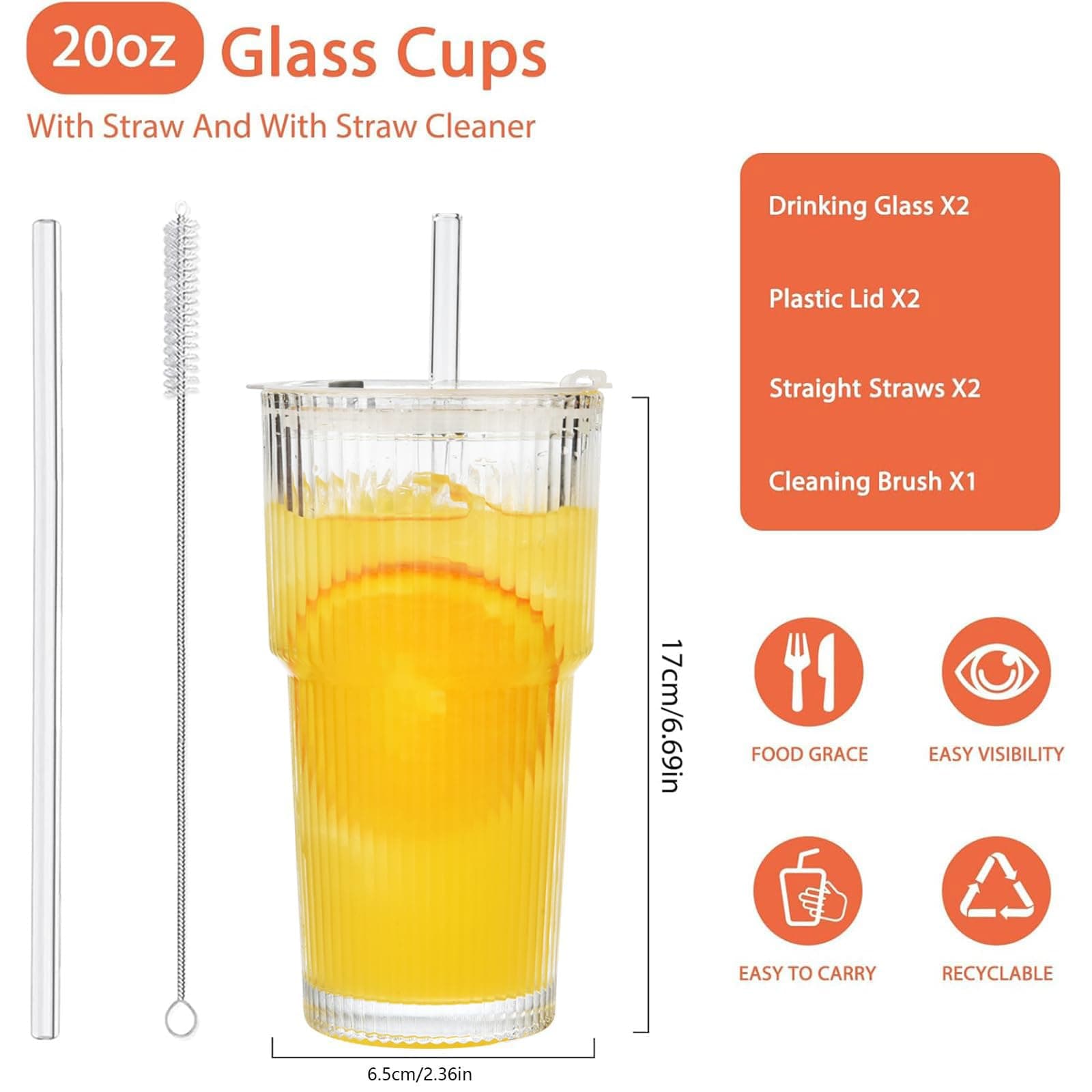 VITEVER 20oz Glass Tumblers with Lids and Straws, Set of 2 - Stylish Ribbed Design Drinking Glasses for Iced Coffee Cups, Juice, Smoothies, Cold Beverages, Includes Cleaning Brush, Durable Glassware thumbnail 2