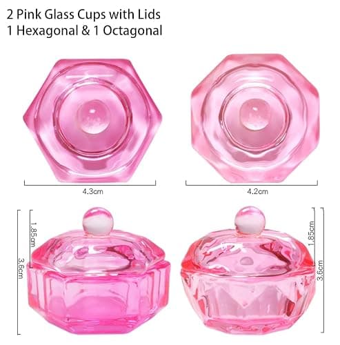 Pluzmecalm 2PCS Pink Glass Nail Art Cups Nail Dipping Jars Nail Dappen Dishes Bowls Nail Powder Holders Nail Liquid Containers with Lid Nail Salon Supplies thumbnail 3
